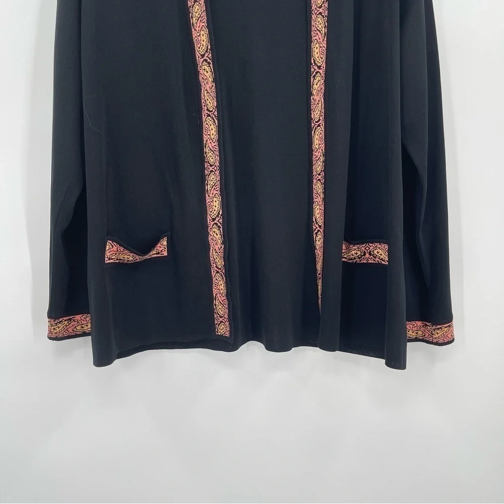 Exclusively Misook M Black Acrylic Knit Cardigan Sweater Pink Trim Pockets
